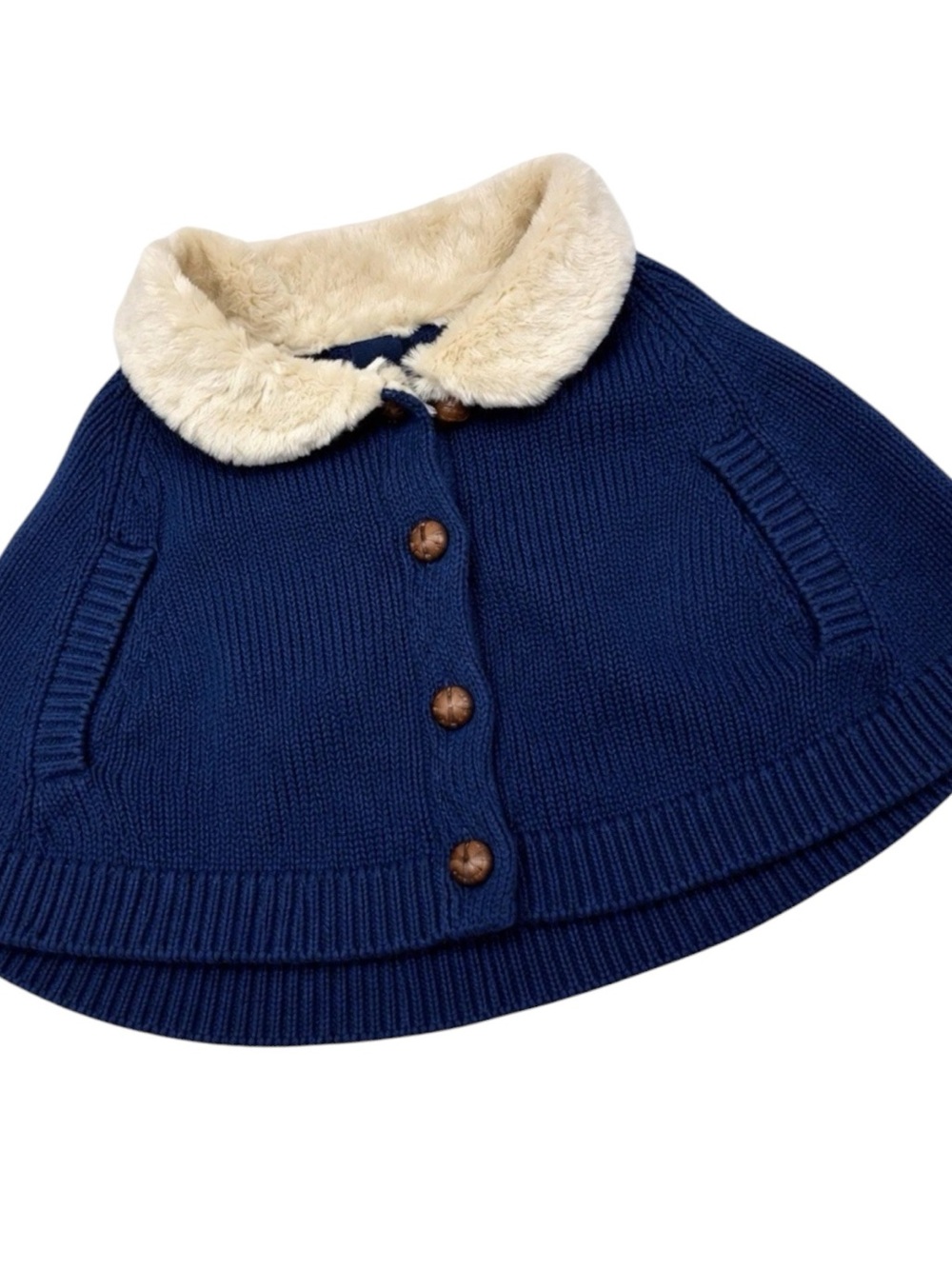 OshKosh B’gosh Baby Knit Poncho Cape 9M Navy Faux Fur Collar NWT Winter